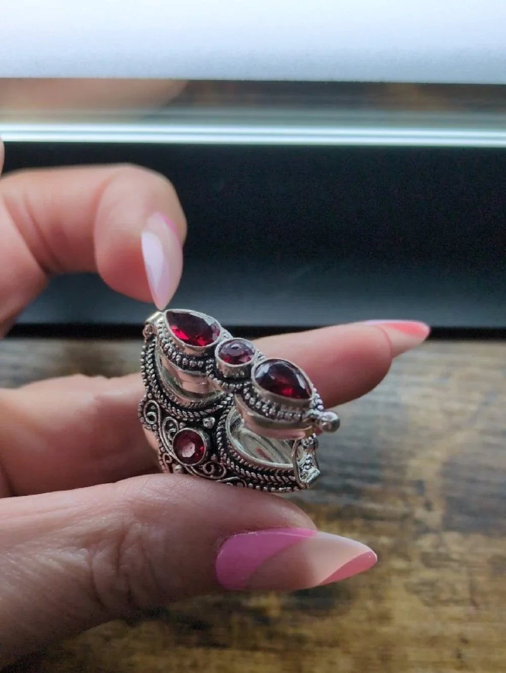 Vintage-Inspired Locket/Poison Ring with Red Garnet Stones+925 Silver